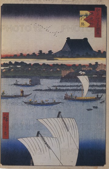 Teppozu and Tsukiji Monzeki Temple (One Hundred Famous Views of Edo), 1856-1858. Artist: Hiroshige, Utagawa (1797-1858)