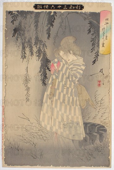 The ghost of Okiku at Sarayashiki. (From the series New Forms of Thirty-six Ghosts), 1890. Artist: Yoshitoshi, Tsukioka (1839-1892)