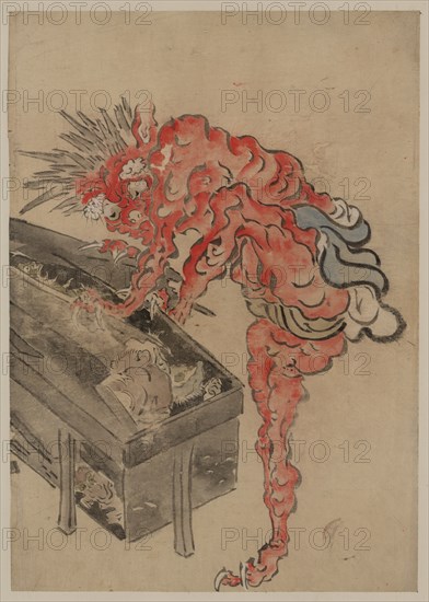 Demon, possibly Ibaraki, opening a box, Early 19th cen.. Artist: Anonymous