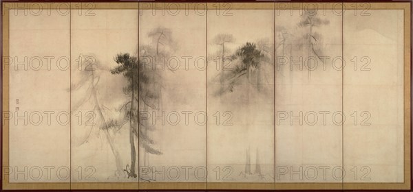 Pine Trees (Left of a pair of six-section folding screens), 16th century. Artist: Hasegawa, Tohaku (1539-1610)