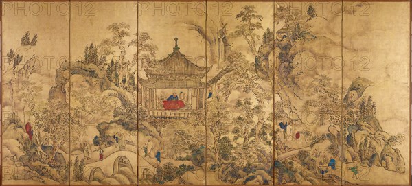Roukaku Sansui Zu (Landscape with tower) Left of a pair of six-section folding screens, c. 1750. Artist: Ike no Taiga (1723-1776)