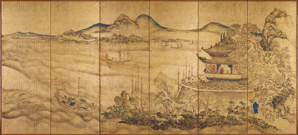 Roukaku Sansui Zu (Landscape with tower) Right of a pair of six-section folding screens, c. 1750. Artist: Ike no Taiga (1723-1776)