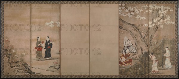 Merry-making under aronia blossoms. Right of a pair of six-section folding screens, 18th century. Artist: Naganobu, Kano Isenin (1775-1828)