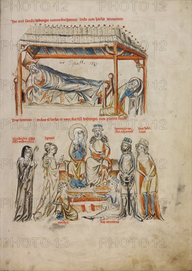 Heinrich Sleeping and Hedwig Praying. Heinrich and Hedwig with Their Children, 1353. Artist: Court workshop of Duke Ludwig I of Liegnitz (active 1350-1398)