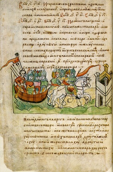 Oleg of Novgorod's campaign against Constantinople (from the Radziwill Chronicle), 15th century. Artist: Anonymous