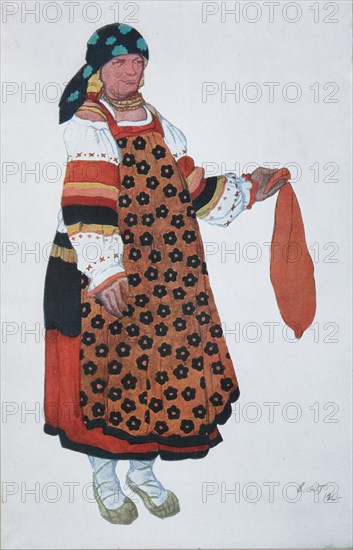 Peasant woman. Costume design for the Vaudeville Old Moscow at the Théâtre Femina in Paris, 1922. Artist: Bakst, Léon (1866-1924)