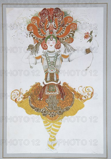 Costume design for Tamara Karsavina in the ballet The Firebird (L'oiseau de feu) by I. Stravinsky, 1909-1910. Artist: Bakst, Léon (1866-1924)