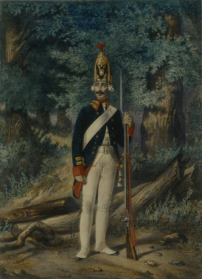 Grenadier of the Preobrazhensky Regiment in 1800, 1840s. Artist: Belousov, Lev Alexandrovich (1806-1864)