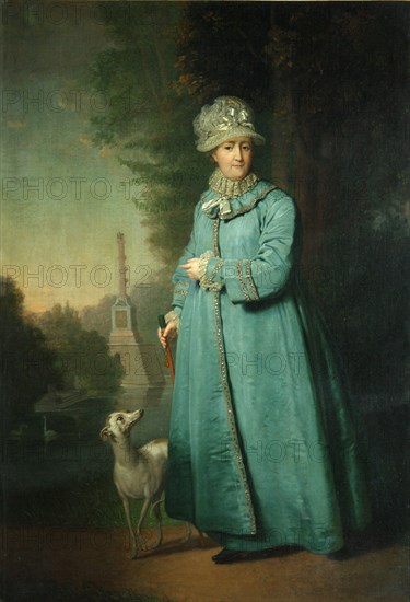 Catherine II strolling in the park at Tsarskoye Selo with the Chesme Column in the background, 1794. Artist: Borovikovsky, Vladimir Lukich (1757-1825)