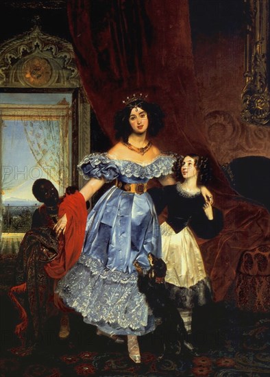 Portrait of Countess Julia Samoilova with her stepdaughter Amazillia Pacini and black boy, 1832-1834. Artist: Briullov, Karl Pavlovich (1799-1852)