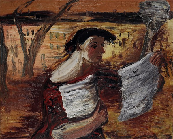 Woman with Leaflets, 1933. Artist: Drevin, Alexander Davidovich (1889-1938)