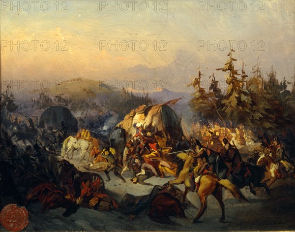 Russian Cossacks attack French troops in transit. Artist: Filippov, Konstantin Nikolayevich (1830-1878)