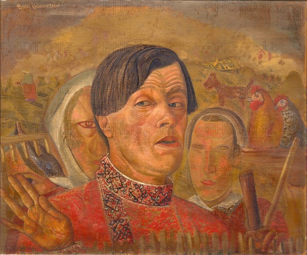 Self-portrait with  the cock and the hen, c. 1924. Artist: Grigoriev, Boris Dmitryevich (1886-1939)