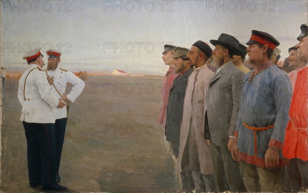 The recruitment, 1904. Artist: Popov, Lukian Vasilyevich (1873-1914)