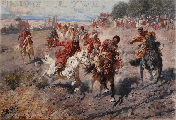 Cherkess Celebrating the end of Muharram with the Equestrian Sport of the Dash for the Prize Lamb, 1889. Artist: Roubaud, Franz (1856-1928)