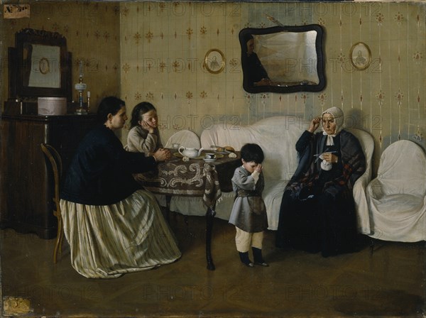 A Family Morning. Teach Child to Pray, 1871. Artist: Rumyantsev, Andrei Antipovich (?-1907)