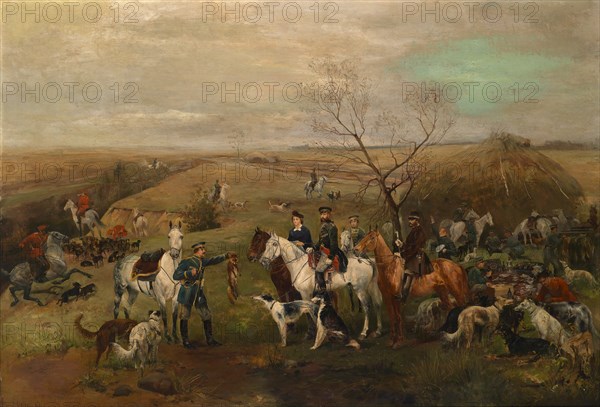 Hunting party with the Emperor Alexander III and Empress Maria Feodorovna, 1880s. Artist: Samokish, Nikolai Semyonovich (1860-1944)