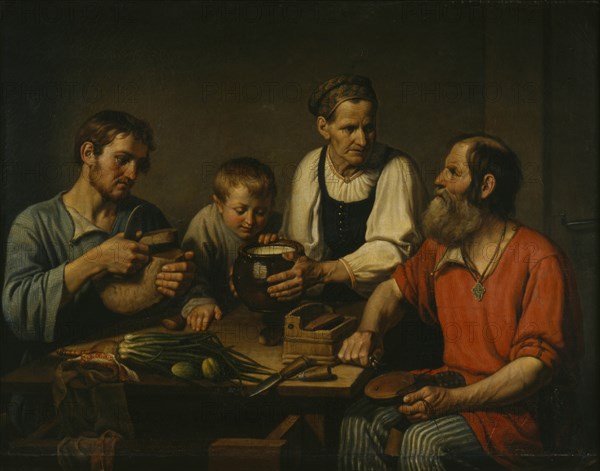 Peasant family before dinner, 1824. Artist: Solntsev, Fyodor Grigoryevich (1801-1892)