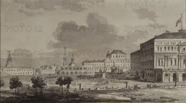 Moscow Kremlin before the construction of the Grand Kremlin Palace, 1817. Artist: Vorobyev, Maxim Nikiphorovich (1787-1855)