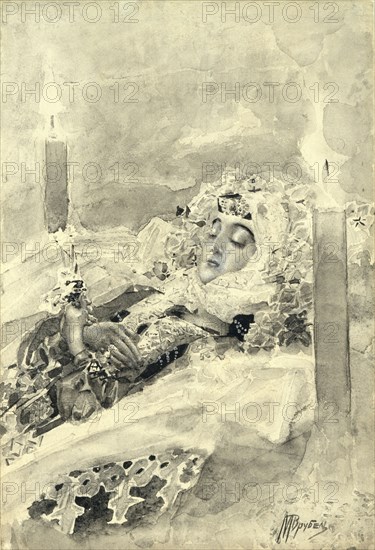 Tamara in the coffin. Illustration to the poem The Demon by Mikhail Lermontov, 1890-1891. Artist: Vrubel, Mikhail Alexandrovich (1856-1910)