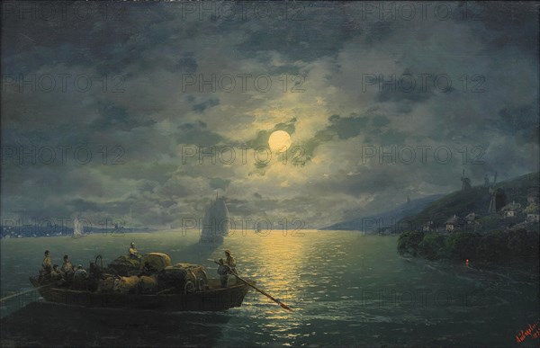 Crossing the Dnepr River at Moonlit Night, 1897. Artist: Aivazovsky, Ivan Konstantinovich (1817-1900)