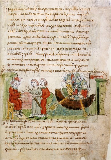 Askold and Dir asked by Rurik for a permission to go to Constantinople (from the Radziwill Chronicle), 15th century. Artist: Anonymous