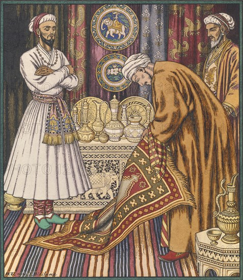 Prince Ali buying a carpet. Illustration for Arabian Fairy Tales. Artist: Bilibin, Ivan Yakovlevich (1876-1942)