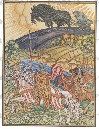 Volga Svyatoslavich and Mikula Selyaninovich, 1940. Artist: Bilibin, Ivan Yakovlevich (1876-1942)