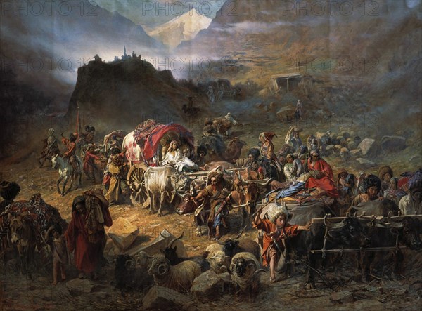 The mountaineers leave the aul before approach of the Russian army, 1872. Artist: Grusinsky, Pyotr Nikolayevich (1837-1892)