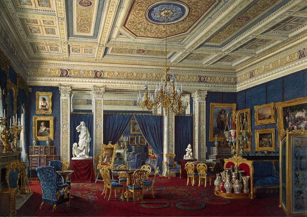 Blue Drawing-Room in the Mariinsky Palace in Saint Petersburg, Mid of the 19th cen.. Artist: Hau, Eduard (1807-1887)