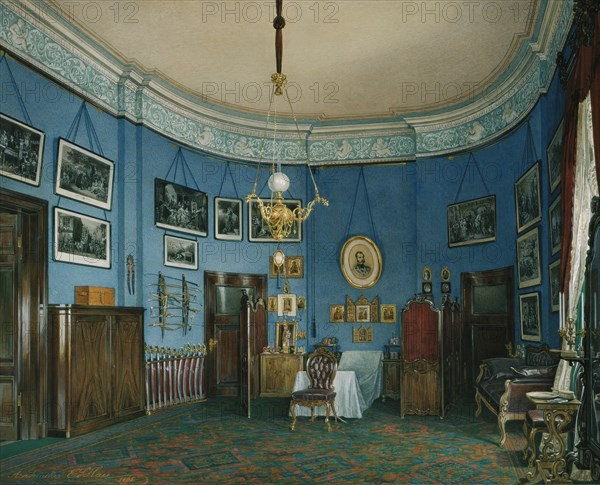 Interiors of the Winter Palace. The Bedroom of Crown Prince Nikolay Aleksandrovich, 1865. Artist: Hau, Eduard (1807-1887)