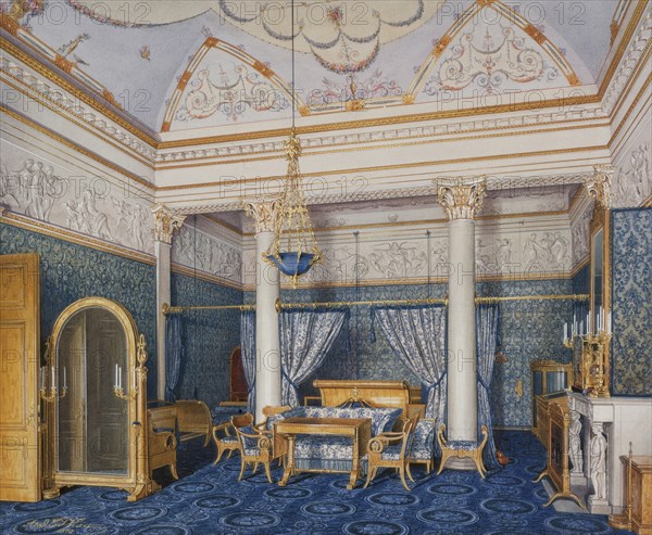 Interiors of the Winter Palace. The Bedchamber of Empress Alexandra Fyodorovna, 1870. Artist: Hau, Eduard (1807-1887)