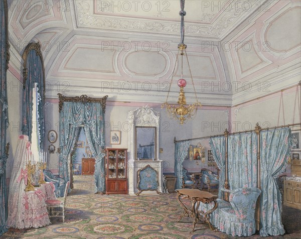 Interiors of the Winter Palace. The Fifth Reserved Apartment. The Bedroom of Grand Princess Maria Alexandrovna, 1873. Artist: Hau, Eduard (1807-1887)