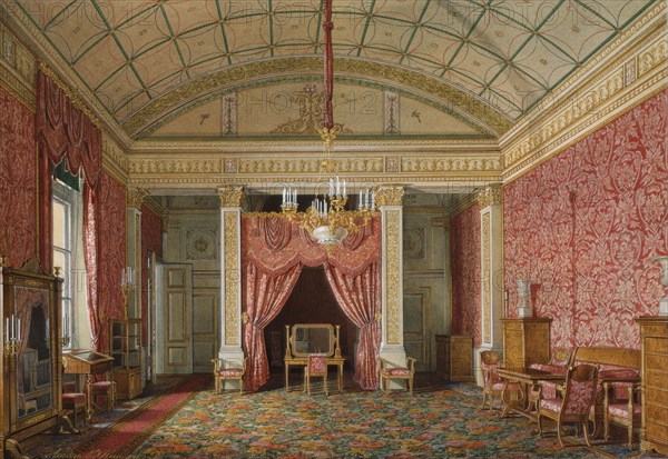Interiors of the Winter Palace. The First Reserved Apartment. The Bedroom of Grand Princess Maria Nikolayevna, 1867. Artist: Hau, Eduard (1807-1887)