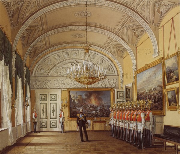 Interiors of the Winter Palace. The Guardroom, 1864. Artist: Hau, Eduard (1807-1887)