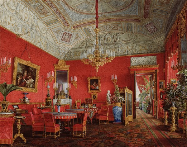 Interiors of the Winter Palace. The Large Drawing Room of Empress Alexandra Fyodorovna, 1858. Artist: Hau, Eduard (1807-1887)