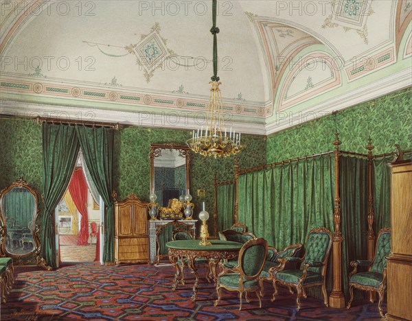 Interiors of the Winter Palace. The Third Reserved Apartment. A Bedroom, 1873. Artist: Hau, Eduard (1807-1887)