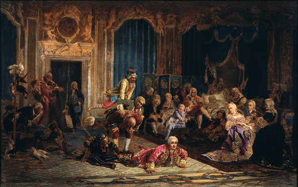 Jesters at the Court of Empress Anna Ioannovna, 1872. Artist: Jacobi, Valery Ivanovich (1834-1902)