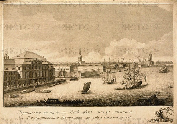 View of the Winter Palace from the Neva River, 1753. Artist: Kachalov, Grigory Anikeevich (1711-1759)