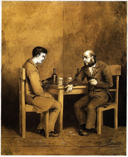 Raskolnikov und Marmeladov. Illustration for the novel Crime and Punishment by F. Dostoevsky, 1874. Artist: Klodt, Mikhail Petrovich, Baron (1835-1914)