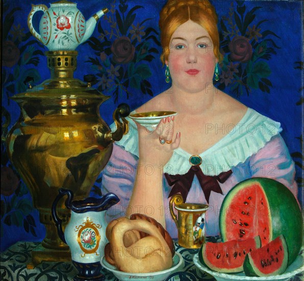 The Merchant's Wife Drinking Tea, 1923. Artist: Kustodiev, Boris Michaylovich (1878-1927)