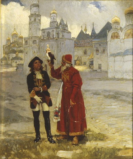 Young Peter I. and his falcon, 1900s. Artist: Lebedev, Klavdi Vasilyevich (1852-1916)