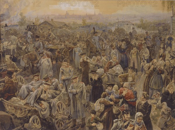 The withdrawal of Russian troops from Moscow in 1812, 1907. Artist: Lebedev, Vasili Petrovich (1880-?)