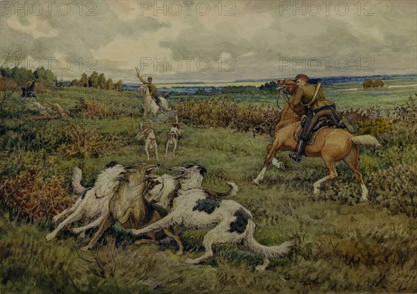 Hunting with Borzois, 1937. Artist: Lissner, Ernest Ernestovich (1874-1941)