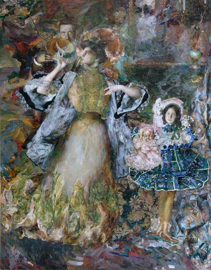 Self-portrait with wife and daughter, 1910. Artist: Malyavin, Filipp Andreyevich (1869-1940)