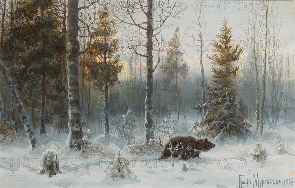 Winter Landscape with bear, 1907. Artist: Muravyov, Count Vladimir Leonidovich (1861-1940)