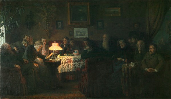 The reading of the novella The Kreutzer Sonata at the Leo Tolstoy House, 1889. Artist: Myasoedov, Grigori Grigoryevich (1834-1911)