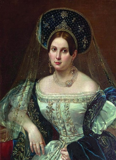 Portrait of a woman in the Russian court dress, ca 1835. Artist: Orlov, Pimen Nikitich (1812-1863)