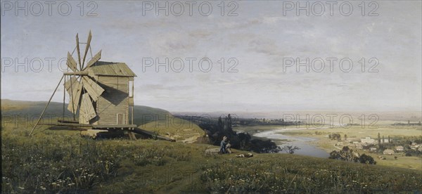 Ukrainian landscape with windmill, 1882. Artist: Orlovsky, Vladimir Donatovich (1842-1914)