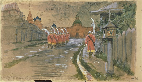 Strelets Patrol at the Ilyinsky Gates in Old Moscow, 1897. Artist: Ryabushkin, Andrei Petrovich (1861-1904)